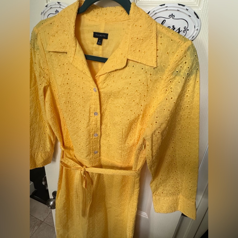 Talbots Yellow Eyelet Dress with Tie Waist